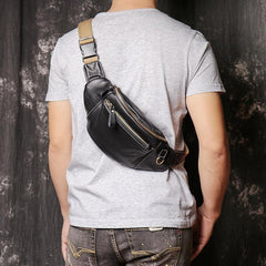 Best Black Leather Fanny Pack Men's Black Chest Bag Best Hip Bag Waist Bag For Men - iwalletsmen