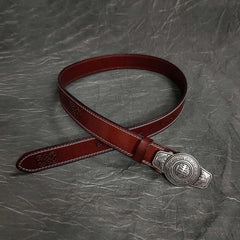 Fashion Red Brown Leather Metal Belt Motorcycle Belt Leather Biker Round Belt For Men - iwalletsmen