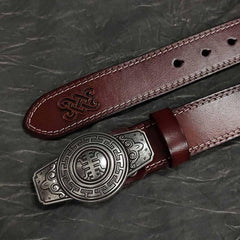 Fashion Red Brown Leather Metal Belt Motorcycle Belt Leather Biker Round Belt For Men - iwalletsmen