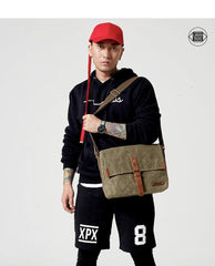 Fashion Waxed Canvas Leather Mens Army Green Side Bags Messenger Bags Khaki Casual Canvas Courier Bag for Men - iwalletsmen