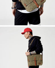 Fashion Waxed Canvas Leather Mens Army Green Side Bags Messenger Bags Khaki Casual Canvas Courier Bag for Men - iwalletsmen