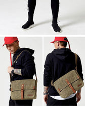 Fashion Waxed Canvas Leather Mens Army Green Side Bags Messenger Bags Khaki Casual Canvas Courier Bag for Men - iwalletsmen