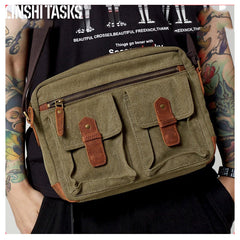Fashion Canvas Leather Mens Khaki Side Bag Messenger Bags Army Green Canvas Courier Bag for Men - iwalletsmen