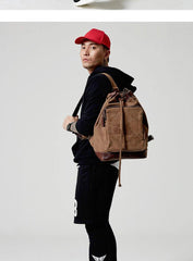 Fashion Canvas Leather Mens Bucket Sling Bag Sling Pack Khaki Canvas Sling Backpack for Men - iwalletsmen