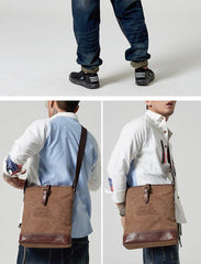 Fashion Vertical Canvas Leather Mens Courier Bag Crossbody Bag Messenger Bags Khaki Canvas Postman Bag for Men - iwalletsmen