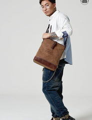 Fashion Vertical Canvas Leather Mens Courier Bag Crossbody Bag Messenger Bags Khaki Canvas Postman Bag for Men - iwalletsmen