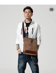 Fashion Vertical Canvas Leather Mens Courier Bag Crossbody Bag Messenger Bags Khaki Canvas Postman Bag for Men - iwalletsmen