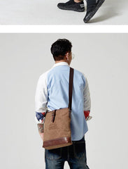 Fashion Vertical Canvas Leather Mens Courier Bag Crossbody Bag Messenger Bags Khaki Canvas Postman Bag for Men - iwalletsmen