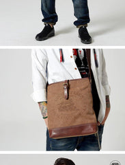 Fashion Vertical Canvas Leather Mens Courier Bag Crossbody Bag Messenger Bags Khaki Canvas Postman Bag for Men - iwalletsmen