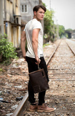Fashion Black Mens Leather 10 inches Mens Gray Messenger Bag Brown Courier Bag Clutch Bag for Men - iwalletsmen