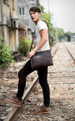 Fashion Black Mens Leather 10 inches Mens Gray Messenger Bag Brown Courier Bag Clutch Bag for Men - iwalletsmen