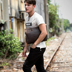 Fashion Black Mens Leather 10 inches Mens Gray Messenger Bag Brown Courier Bag Clutch Bag for Men - iwalletsmen