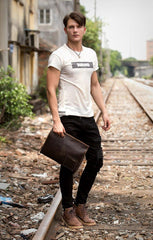 Fashion Black Mens Leather 10 inches Mens Gray Messenger Bag Brown Courier Bag Clutch Bag for Men - iwalletsmen