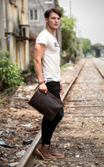 Fashion Black Mens Leather 10 inches Mens Gray Messenger Bag Brown Courier Bag Clutch Bag for Men - iwalletsmen