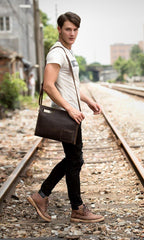 Fashion Black Mens Leather 10 inches Mens Gray Messenger Bag Brown Courier Bag Clutch Bag for Men - iwalletsmen