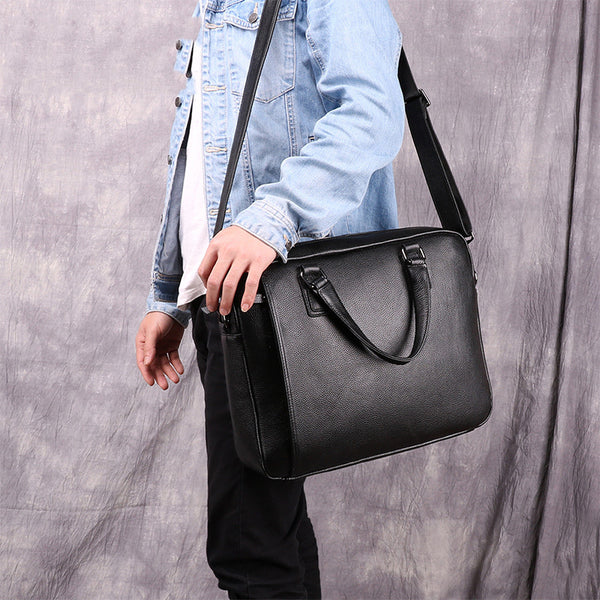 Fashion Black Leather Men's Professional Briefcase Handbag 14'' Computer Briefcase For Men - iwalletsmen