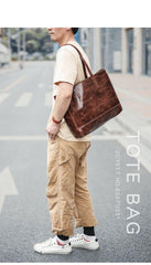 Vintage Brown Leather Men Womens Tote 15 inches Amber Brown Tote Bag Shoulder Tote Bag For Men - iwalletsmen