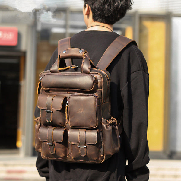 Vintage Leather Men's Travel Backpack 14inch Laptop Backpack School Backpack For Men - iwalletsmen