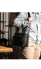 Black Genuine Leather Mens Cool Small Side Bag Messenger Bag Black Courier Bag for Men - iwalletsmen