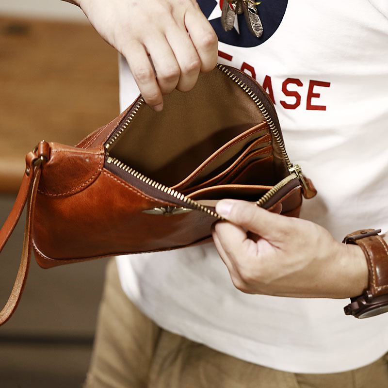 Fashion Mens Genuine Clutch Bag Zipper Leather Wallet - BROWN