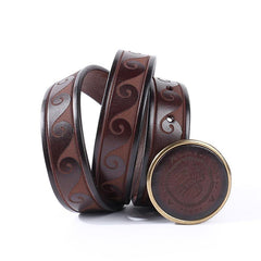 Genuine Tooled Leather Mens Embossed Black Belt Smooth Buckle Belt Brown Around Belt For Men - iwalletsmen