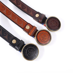 Genuine Tooled Leather Mens Embossed Black Belt Smooth Buckle Belt Brown Around Belt For Men - iwalletsmen