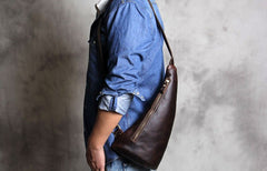 Genuine Brown Mens Cool Sling Bag Leather Vintage Crossbody Bag Chest Bag Travel Bag for men