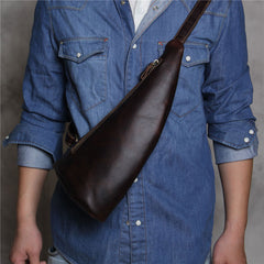 Genuine Brown Mens Cool Sling Bag Leather Vintage Crossbody Bag Chest Bag Travel Bag for men