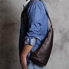 Genuine Brown Mens Cool Sling Bag Leather Vintage Crossbody Bag Chest Bag Travel Bag for men