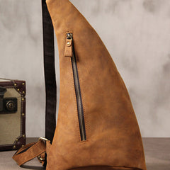 Genuine Brown Mens Cool Sling Bag Leather Vintage Crossbody Bag Chest Bag Travel Bag for men