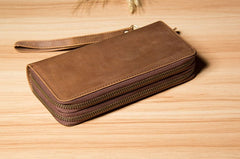 Genuine Cool Leather Mens Clutch Vintage Wallet Double Zipper Clutch Wristlet Bag Wallet for Men