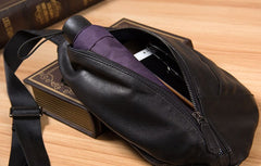 Genuine Leather Black Mens Cool Sling Bag Crossbody Bag Chest Bag Travel Bag for men