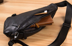 Genuine Leather Black Mens Cool Sling Bag Crossbody Bag Chest Bag Travel Bag for men