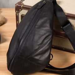 Genuine Leather Black Mens Cool Sling Bag Crossbody Bag Chest Bag Travel Bag for men