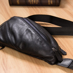 Genuine Leather Black Mens Cool Sling Bag Crossbody Bag Chest Bag Travel Bag for men