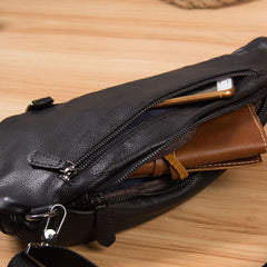 Genuine Leather Black Mens Cool Sling Bag Crossbody Bag Chest Bag Travel Bag for men