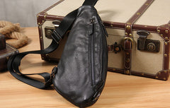 Genuine Leather Black Mens Cool Sling Bag Crossbody Bag Chest Bag Travel Bag for men
