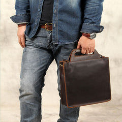 [On Sale] Mens Brown Coffee Handbag Genuine Leather Cool Vintage Shoulder Bag for Men