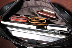 Genuine Leather Mens Black Briefcase Shoulder Bag Work Bag Laptop Bag Business Bag for Men