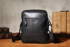 Genuine Leather Mens Black Cool Small Shoulder Bag Messenger Bag Crossbody Bag for Men
