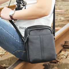 Genuine Leather Mens Black Cool Small Shoulder Bag Messenger Bag Crossbody Bag for Men