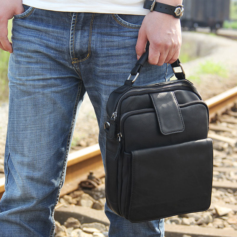 Genuine Leather Mens Black Cool Small Shoulder Bag Messenger Bag