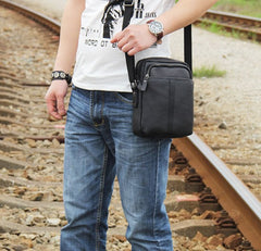 Genuine Leather Mens Black Cool Small Shoulder Bag Messenger Bag Crossbody Bag for Men