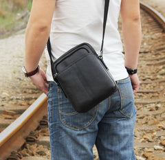 Genuine Leather Mens Black Cool Small Shoulder Bag Messenger Bag Crossbody Bag for Men