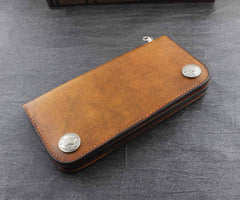 Genuine Leather Mens Chain Wallet Biker Wallet Cool Leather Wallet Long Trucker Wallets for Men