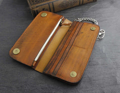 Genuine Leather Mens Chain Wallet Biker Wallet Cool Leather Wallet Long Trucker Wallets for Men