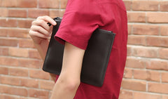 Genuine Leather Mens Clutch Cool Wallet Zipper Clutch Wristlet Bag Wallet for Men