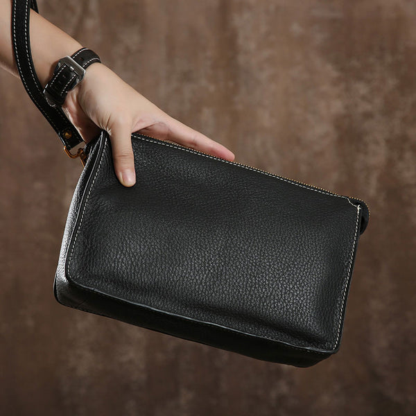 Genuine Leather Mens Clutch Cool Wallet Zipper Clutch Wristlet Bag Wallet for Men