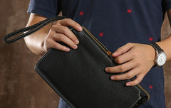 Genuine Leather Mens Clutch Cool Wallet Zipper Clutch Wristlet Bag Wallet for Men