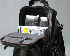 Genuine Leather Mens Cool Black Backpack Laptop Bag Large Travel Bag Hiking Bag for Men
